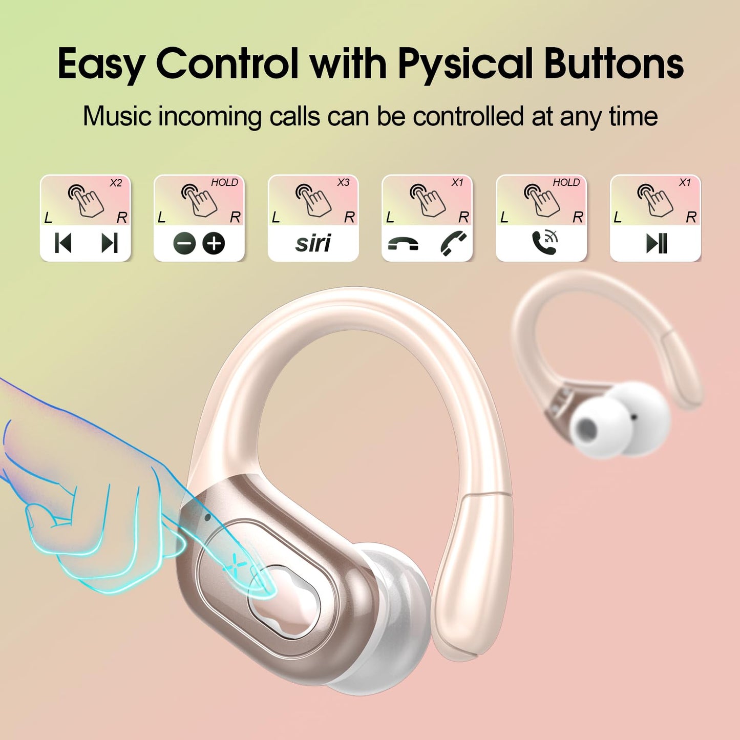 Wireless Earbuds 75H Bluetooth 5.4 Sport Headphones with Earhooks, Black