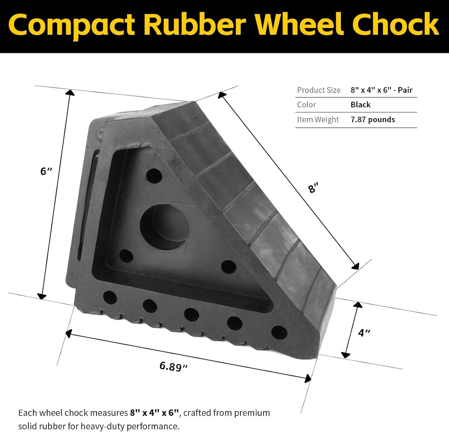 MaxxHaul Solid Rubber Wheel Chock 2-Pack | 8" x 4" x 6" Heavy-Duty Tire Stop | Non-Slip Traction Pads | Built-in Handle | All-Weather Vehicle Safety Block | Black | (70472)