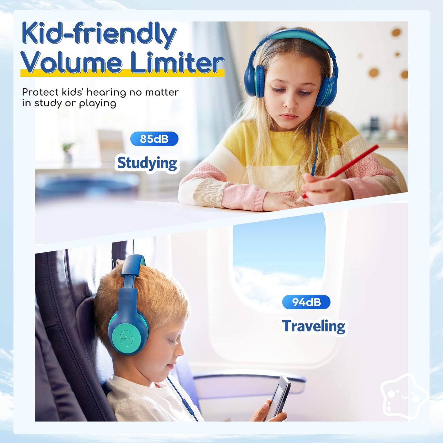 EarFun K1 Kids Headphones Wired with Mic, Volume Limit Headphones for Kids