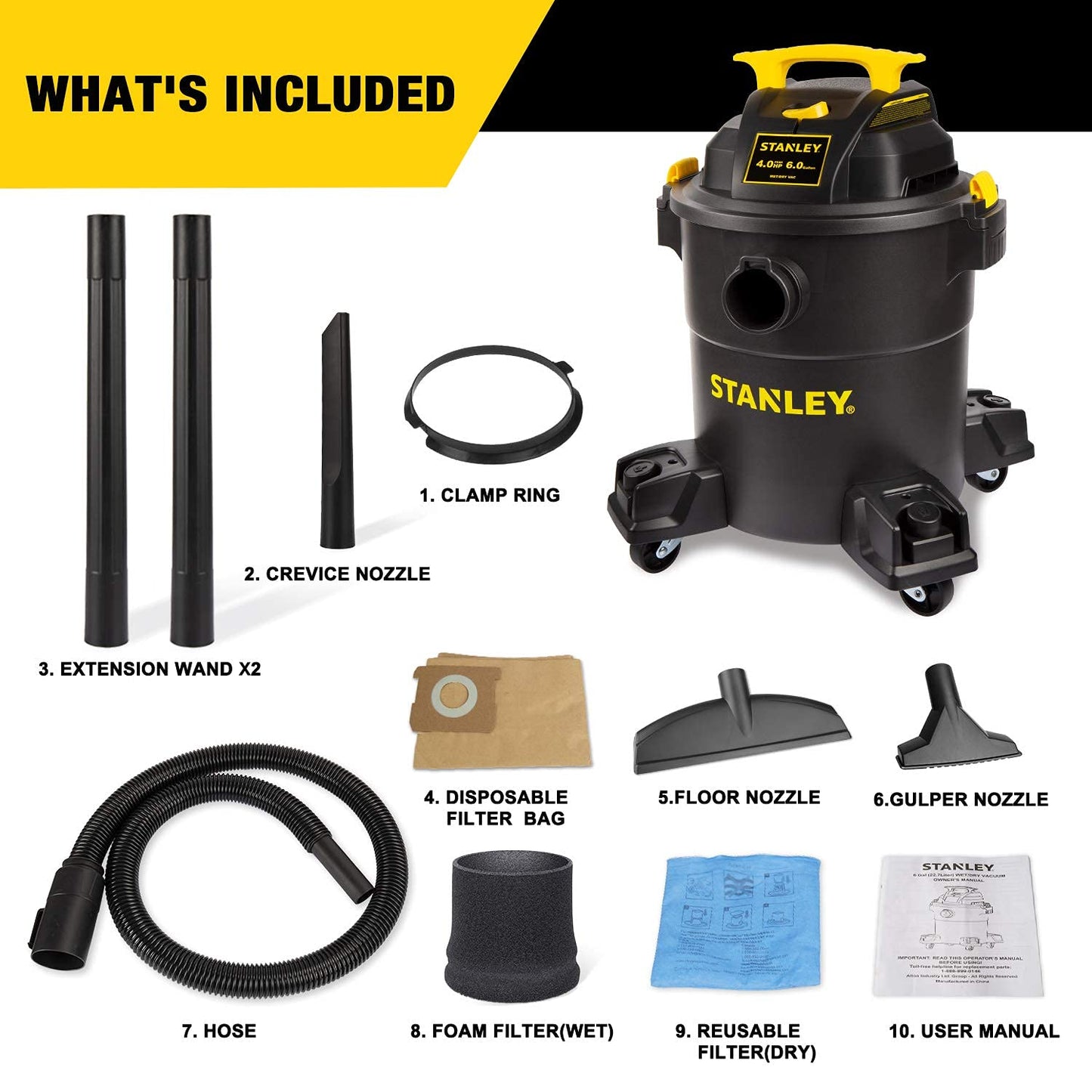 STANLEY Shop Vac SL18115P, 5 Gallon Peak 4 Horsepower Wet Dry Vacuums, Blower 3 in 1 Functions 15 Feet Cleaning Range for Garage, Carpet Clean, Shop Cleaning, Car Detailing with Attachments