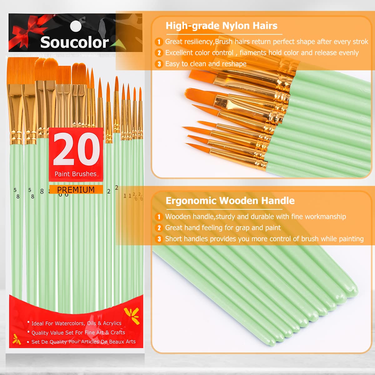 Soucolor Acrylic Paint Brushes Set, 20 Pcs Pointed Tip Artist Paintbrushes