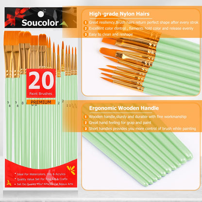 Soucolor Acrylic Paint Brushes Set, 20 Pcs Pointed Tip Artist Paintbrushes