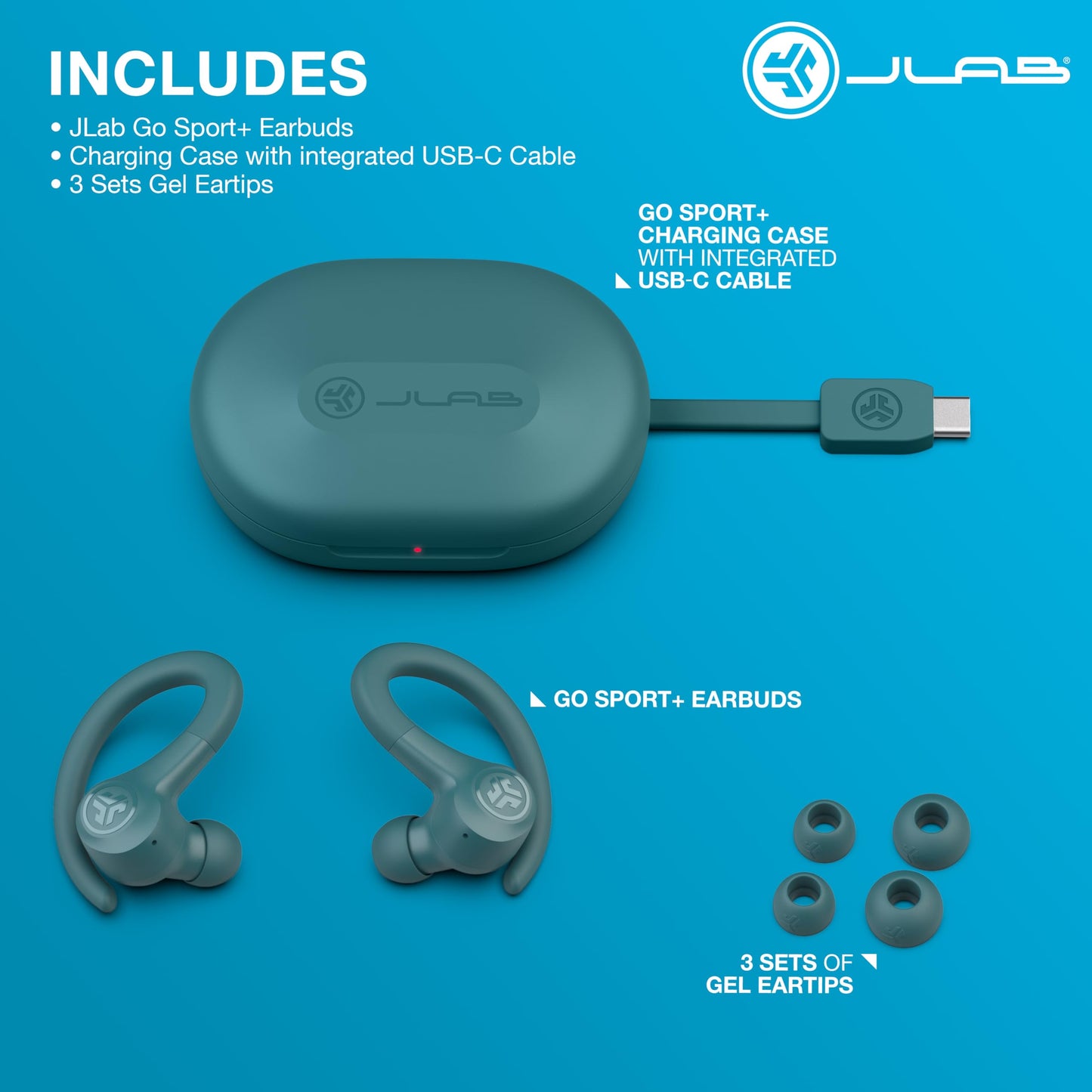 JLab, Go Sport+, True Wireless Workout Earbuds, Bluetooth Sport Earbuds, Clear Calling, Graphite