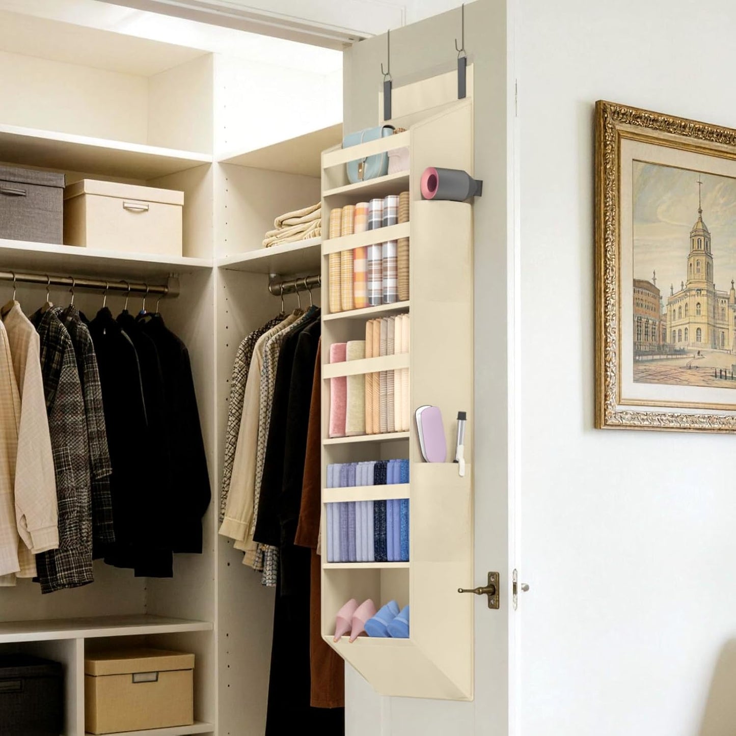 Lifewit 1 Pack Over the Door Organizer, 5 Section Hanging Storage, Beige