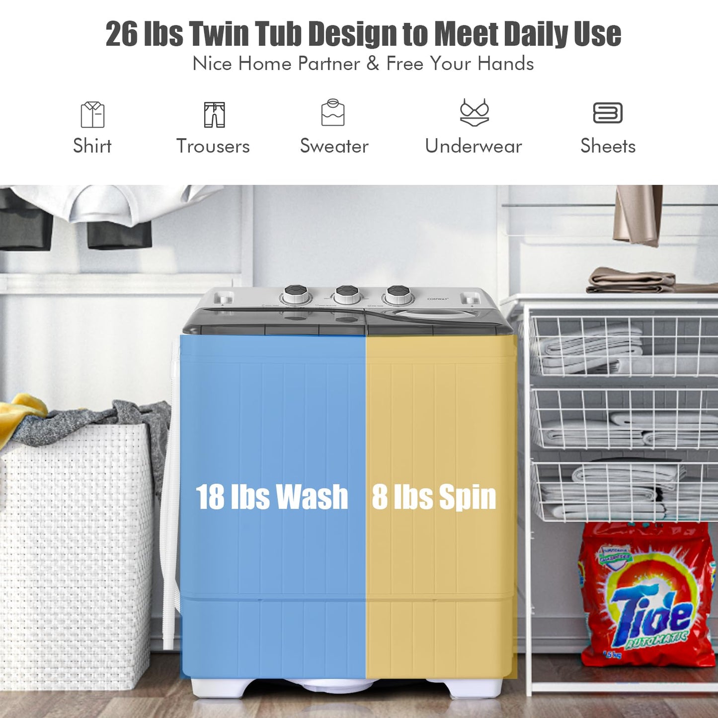COSTWAY Portable Washing Machine, Twin Tub 26lbs Capacity Laundry Washer, 18lbs Washer and 8lbs Spinner Combo with Timer Knobs, Built-in Drain Pump, Compact Washer for Home Dorm Apartment, Blue+White