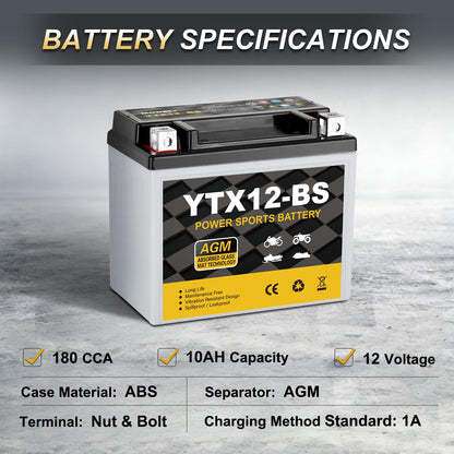 YTX14AH-BS 12V 12Ah Motorcycle Battery, 220CCA Rechargeable Maintenance Free Sealed AGM Battery, Powersport Replacement for ATV, UTV, Scooter