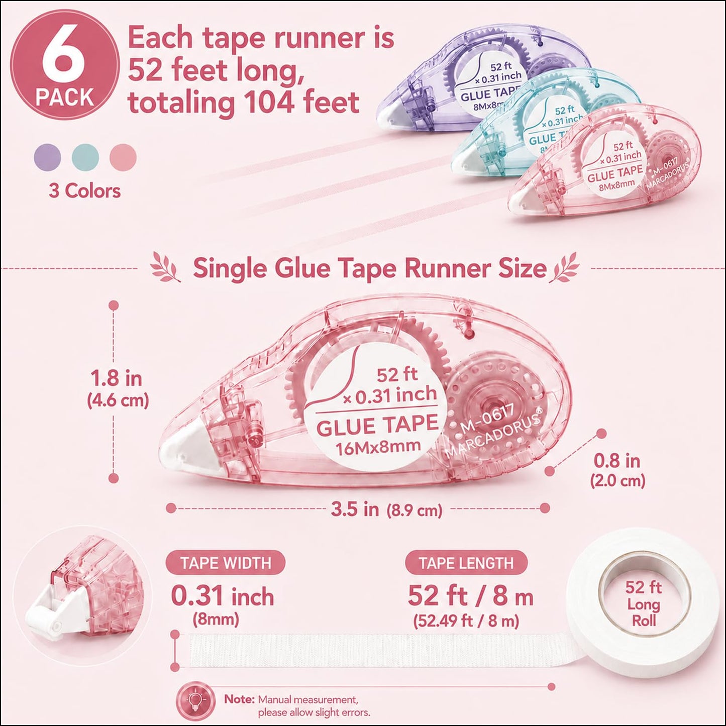 MARCADORUS Glue Tape for Scrapbooking, Double Sided Tape Roller 106Ft Total
