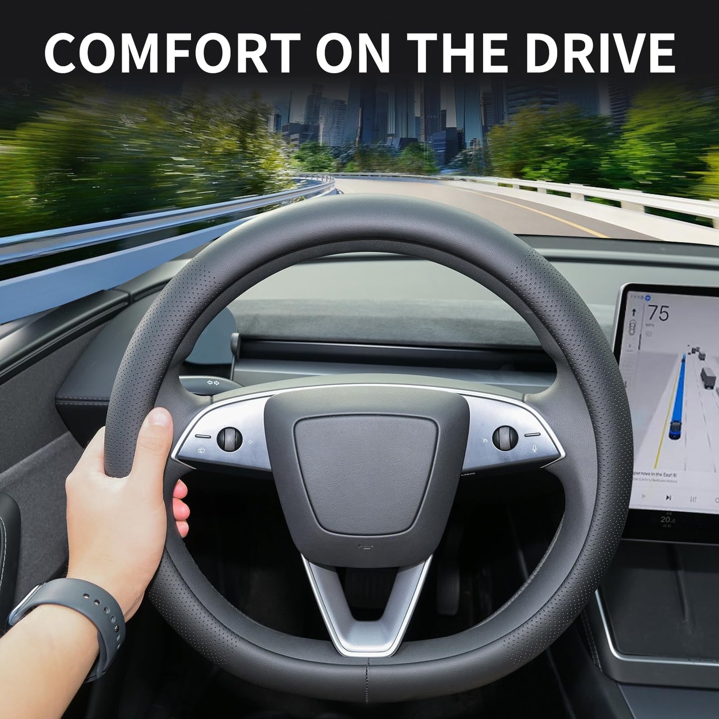 Uxcer Nappa Leather Steering Wheel Cover Compatible with Tesla Model 3/Y 2016-2025 2026 Juniper/Highland, Non-Slip Breathable Tesla Model 3/Y Steering Wheel Protector, White