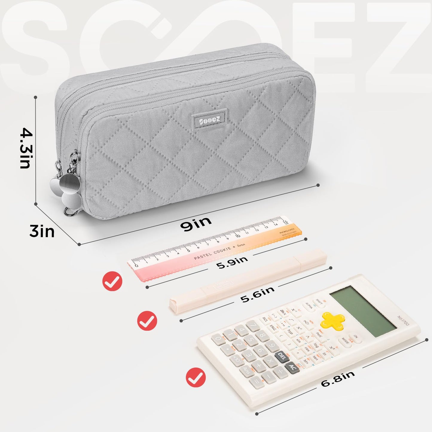 Sooez Large Pencil Case Pouch, Extra Big Pencil Bag with 8 Compartments, Pen Bag Wide Opening, Soft Quilted Pencil Pouch Organizer with Zipper, Portable Pencil Case for Teen Girls, Beige