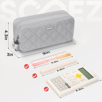 Sooez Large Pencil Case Pouch, Extra Big Pencil Bag with 8 Compartments, Pen Bag Wide Opening, Soft Quilted Pencil Pouch Organizer with Zipper, Portable Pencil Case for Teen Girls, Beige