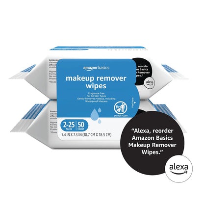 Amazon Basics Makeup Remover Wipes, Fragrance-Free, Alcohol-Free, Gentle Cleansing, Plant-Based, Dermatologist Tested, Removes Waterproof Mascara, Resealable, 25 Count, 1-Pack
