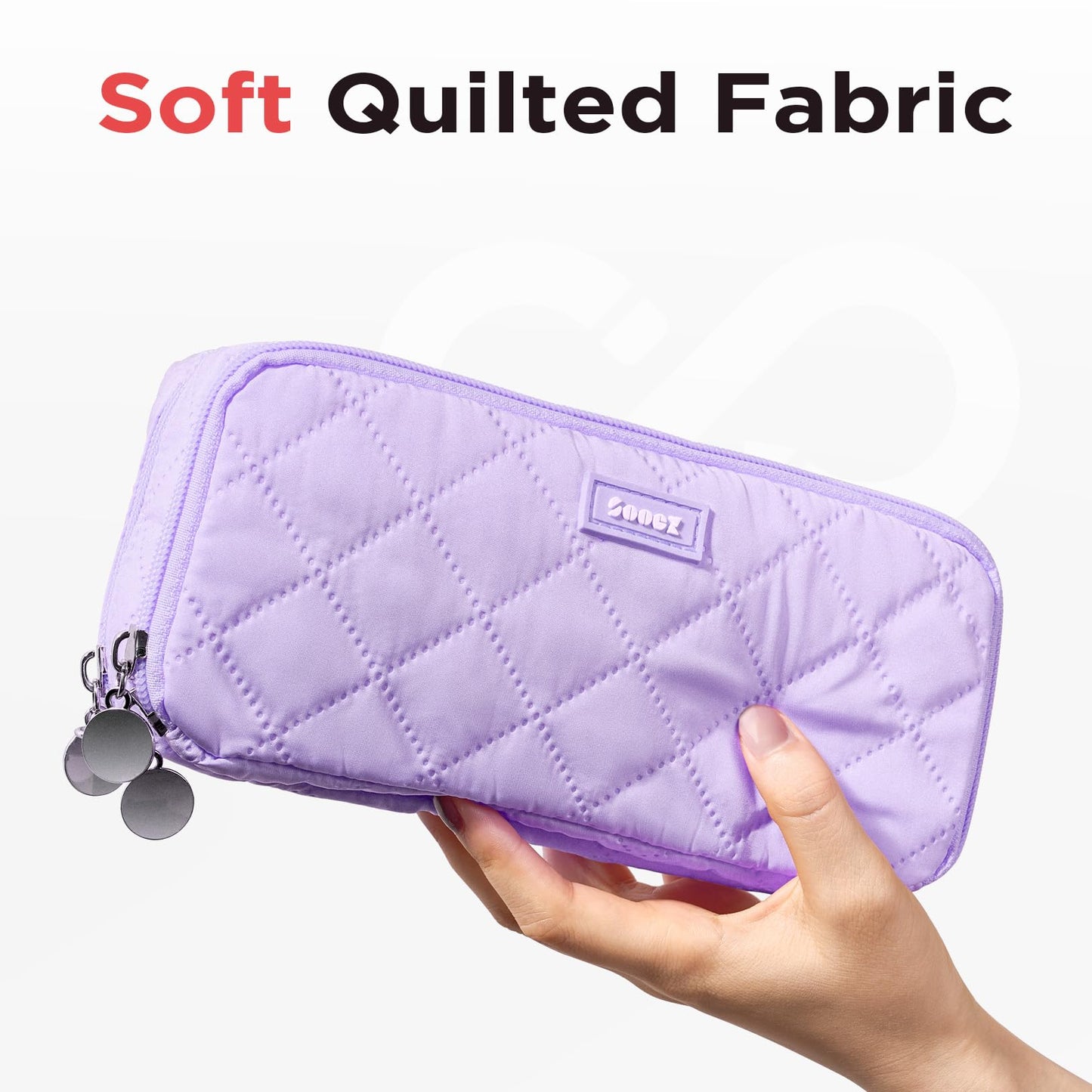 Sooez Large Pencil Case Pouch, Extra Big Pencil Bag with 8 Compartments, Pen Bag Wide Opening, Soft Quilted Pencil Pouch Organizer with Zipper, Portable Pencil Case for Teen Girls, Beige