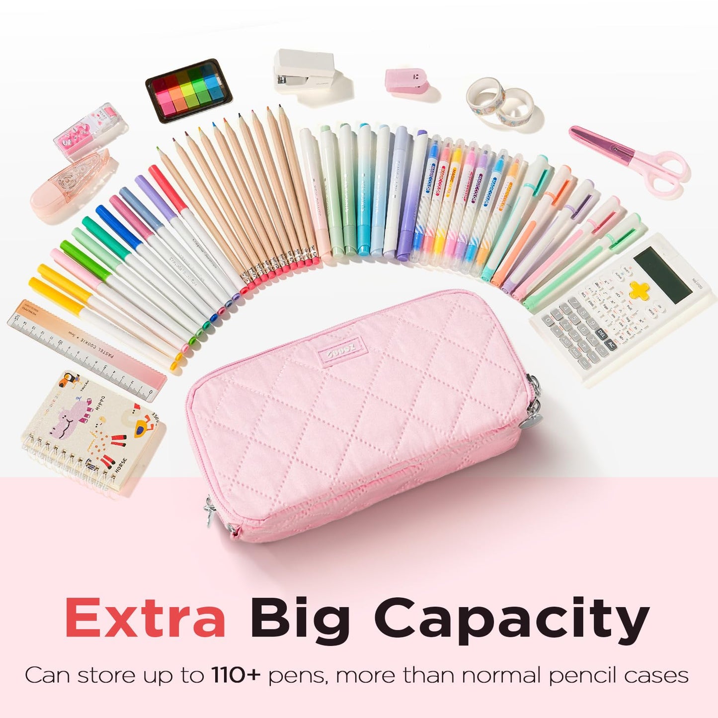 Sooez Large Pencil Case Pouch, Extra Big Pencil Bag with 8 Compartments, Pen Bag Wide Opening, Soft Quilted Pencil Pouch Organizer with Zipper, Portable Pencil Case for Teen Girls, Beige