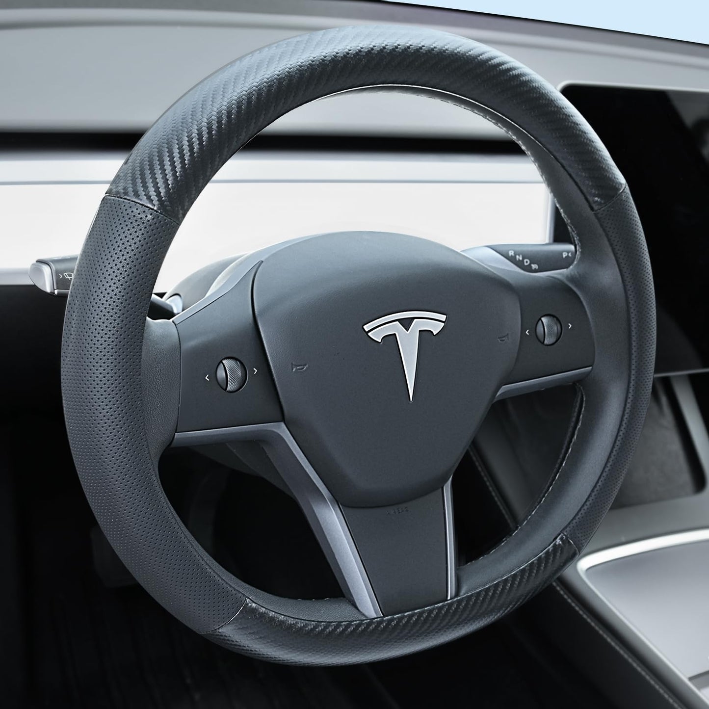 Uxcer Nappa Leather Steering Wheel Cover Compatible with Tesla Model 3/Y 2016-2025 2026 Juniper/Highland, Non-Slip Breathable Tesla Model 3/Y Steering Wheel Protector, White
