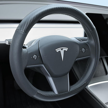 Uxcer Nappa Leather Steering Wheel Cover Compatible with Tesla Model 3/Y 2016-2025 2026 Juniper/Highland, Non-Slip Breathable Tesla Model 3/Y Steering Wheel Protector, White