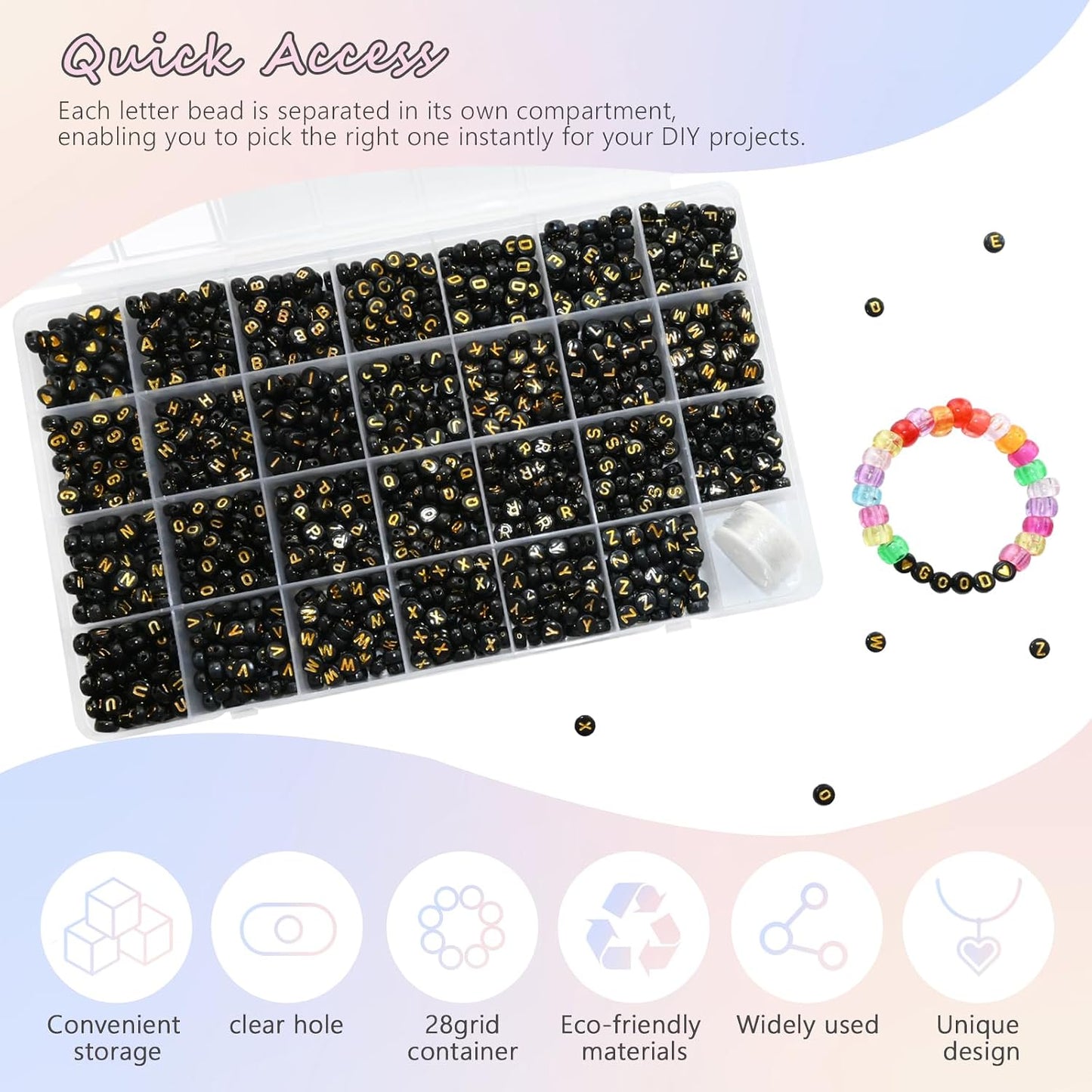 Looconi 810pcs Gold Letter Beads Square 6x6mm White Cube Acrylic Alphabet A-Z with Heart Pattern and Crystal Line for Jewelry Making