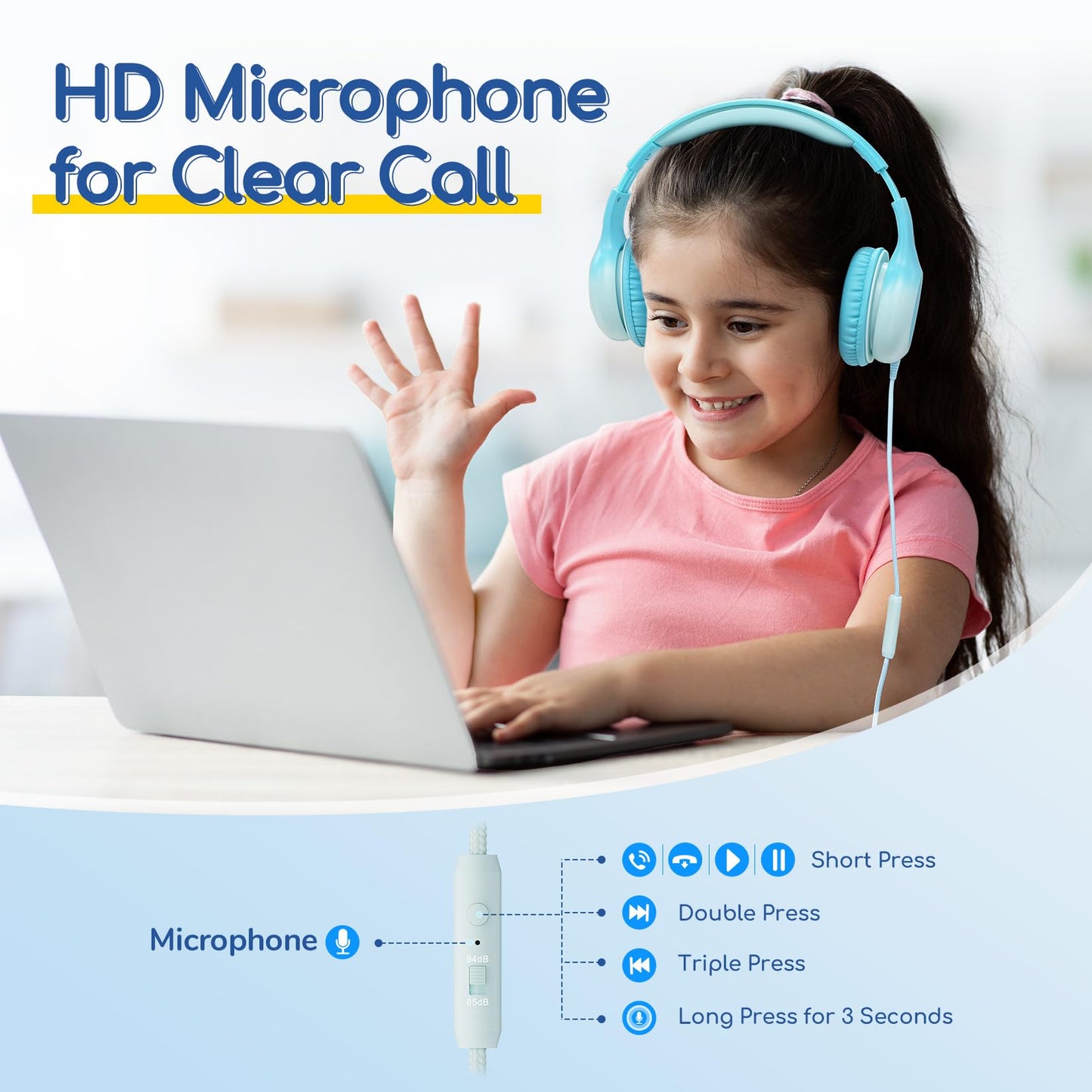 EarFun K1 Kids Headphones Wired with Mic, Volume Limit Headphones for Kids
