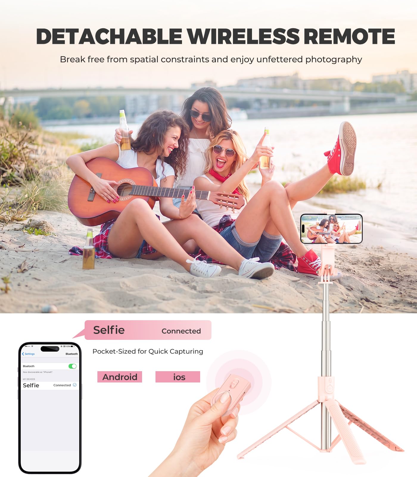 71” Phone Tripod & Selfie Stick, Portable All in One Extendable Cell Phone Tripod Stand, with Wireless Remote Control for iPhone/Samsung/Android/Camera