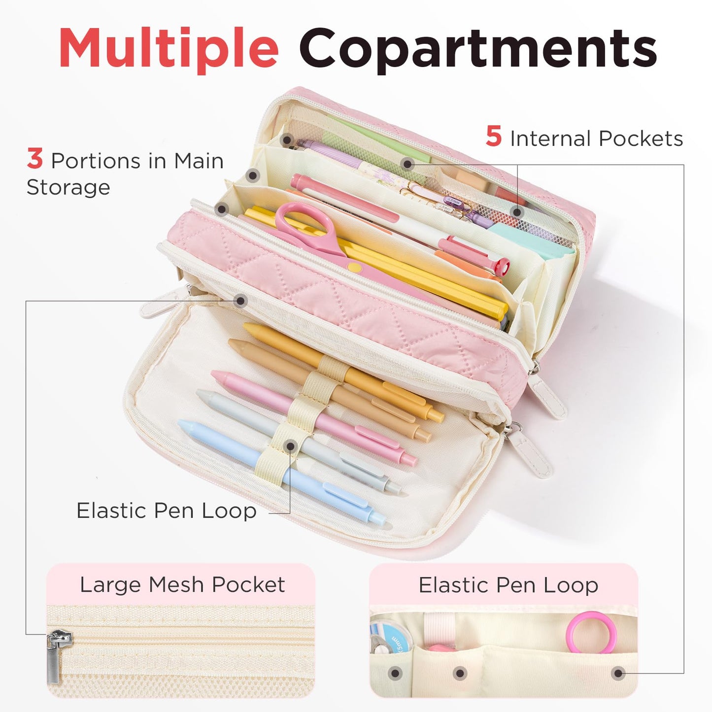 Sooez Large Pencil Case Pouch, Extra Big Pencil Bag with 8 Compartments, Pen Bag Wide Opening, Soft Quilted Pencil Pouch Organizer with Zipper, Portable Pencil Case for Teen Girls, Beige