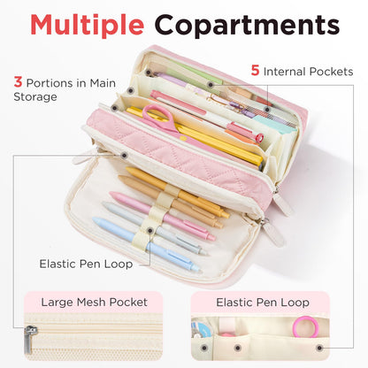 Sooez Large Pencil Case Pouch, Extra Big Pencil Bag with 8 Compartments, Pen Bag Wide Opening, Soft Quilted Pencil Pouch Organizer with Zipper, Portable Pencil Case for Teen Girls, Beige
