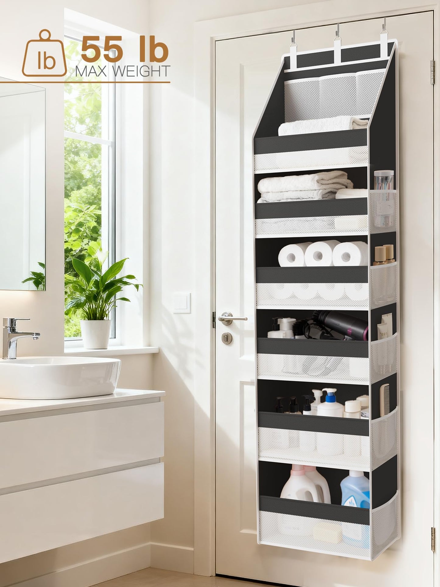 Criusia Over the Door Organizer, Heavy-Duty 6-Shelf Hanging Storage with 13 Mesh Pockets, 55lbs Capacity Behind the Door Storage for Nursery, Bathroom, Bedroom, and Dorm, White