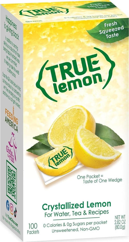 TRUE LEMON Water Enhancer, Bulk Dispenser, 100 Count (Pack of 1), 0 Calorie Drink Mix Packets For Water, Sugar Free Lemon Flavoring Powder Packets