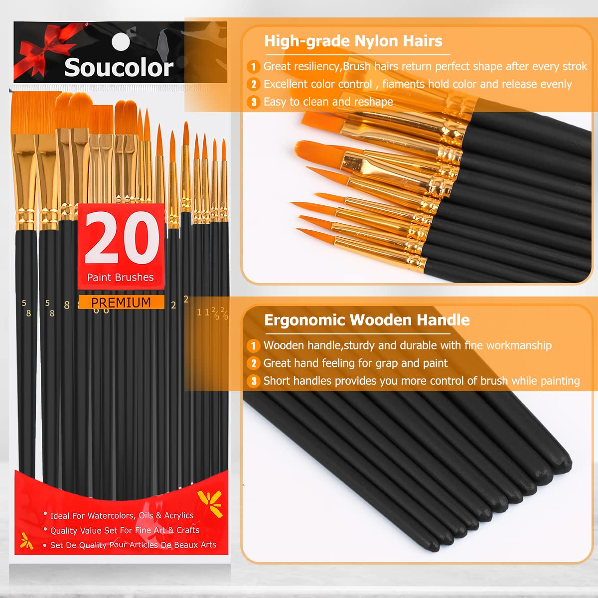 Soucolor Acrylic Paint Brushes Set, 20 Pcs Pointed Tip Artist Paintbrushes