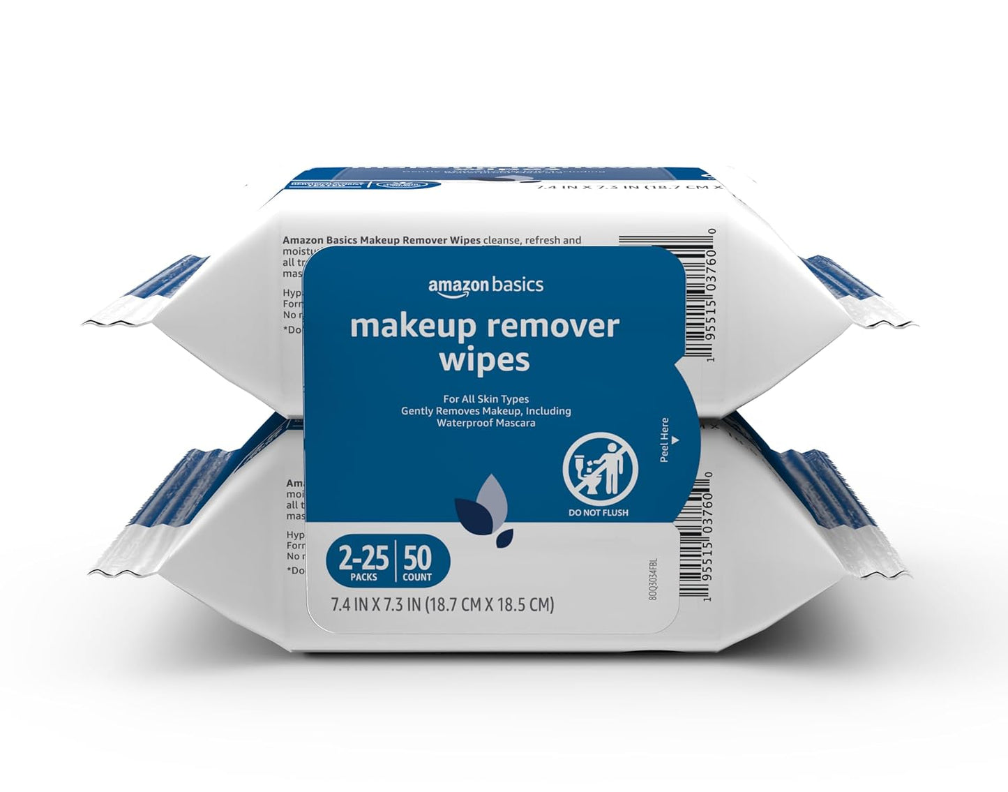Amazon Basics Makeup Remover Wipes, Fragrance-Free, Alcohol-Free, Gentle Cleansing, Plant-Based, Dermatologist Tested, Removes Waterproof Mascara, Resealable, 25 Count, 1-Pack