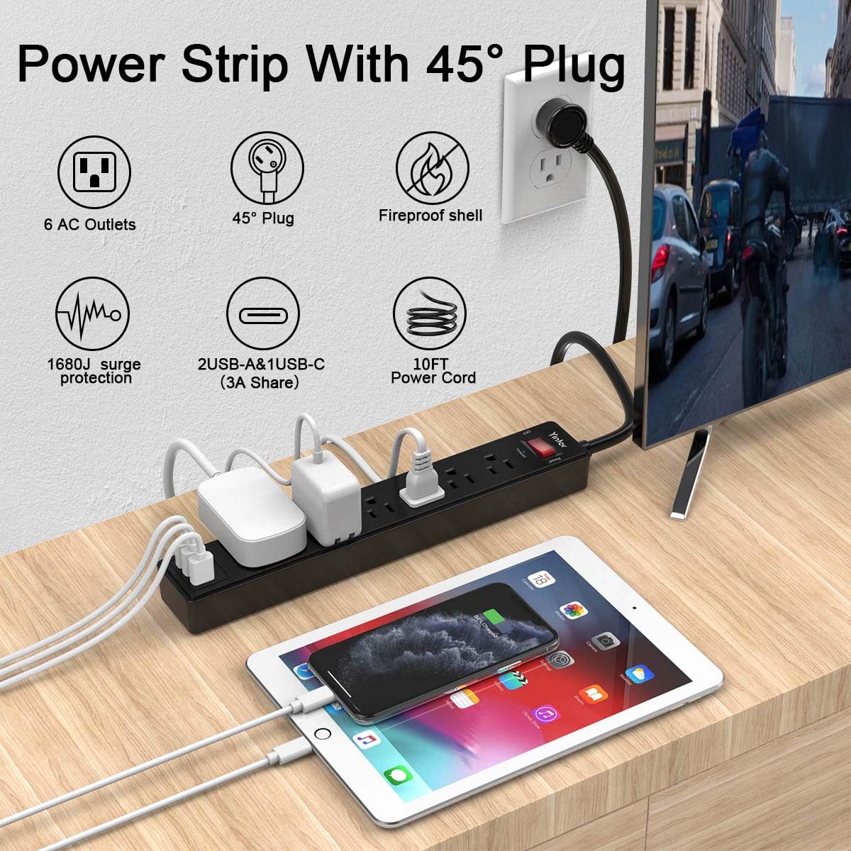 Yintar 6Ft Surge Protector Power Strip with 8 Outlets and 4 USB Ports