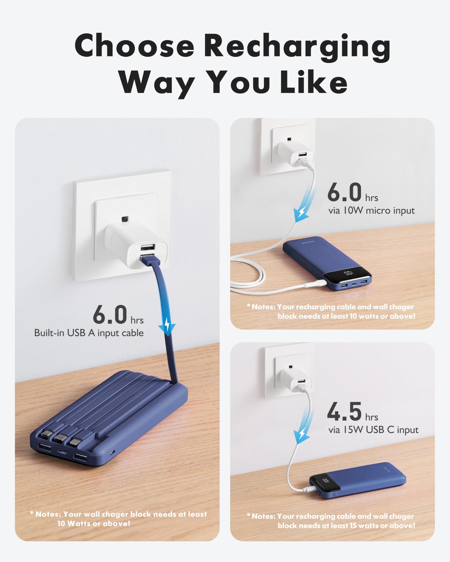 charmast Power Bank Portable Charger with Reinforced Built-in 4 Cables