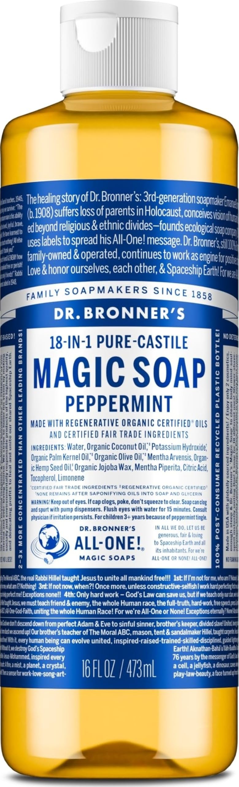 Dr. Bronner's Peppermint Pure-Castile Liquid Soap, Hand Soap, 32 oz