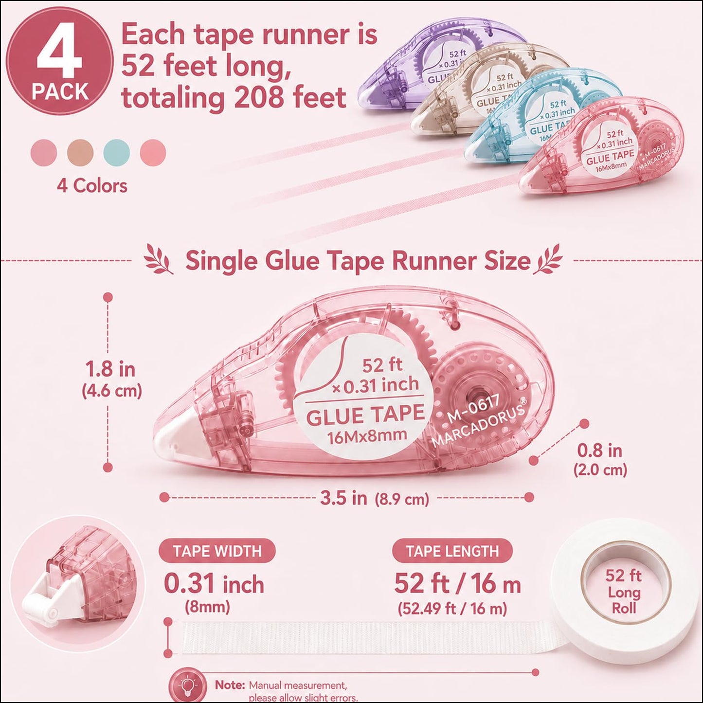 MARCADORUS Glue Tape for Scrapbooking, Double Sided Tape Roller 106Ft Total