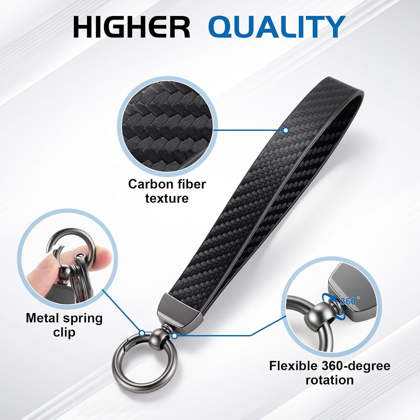 JUSTTOP Leather Keychain, Carbon Fiber Car Key Chain with Anti-Lost D-Ring and 2 Key Ring, Keychain Wristlet, Car Accessories, Universal Keychain for Men and Women (Black)