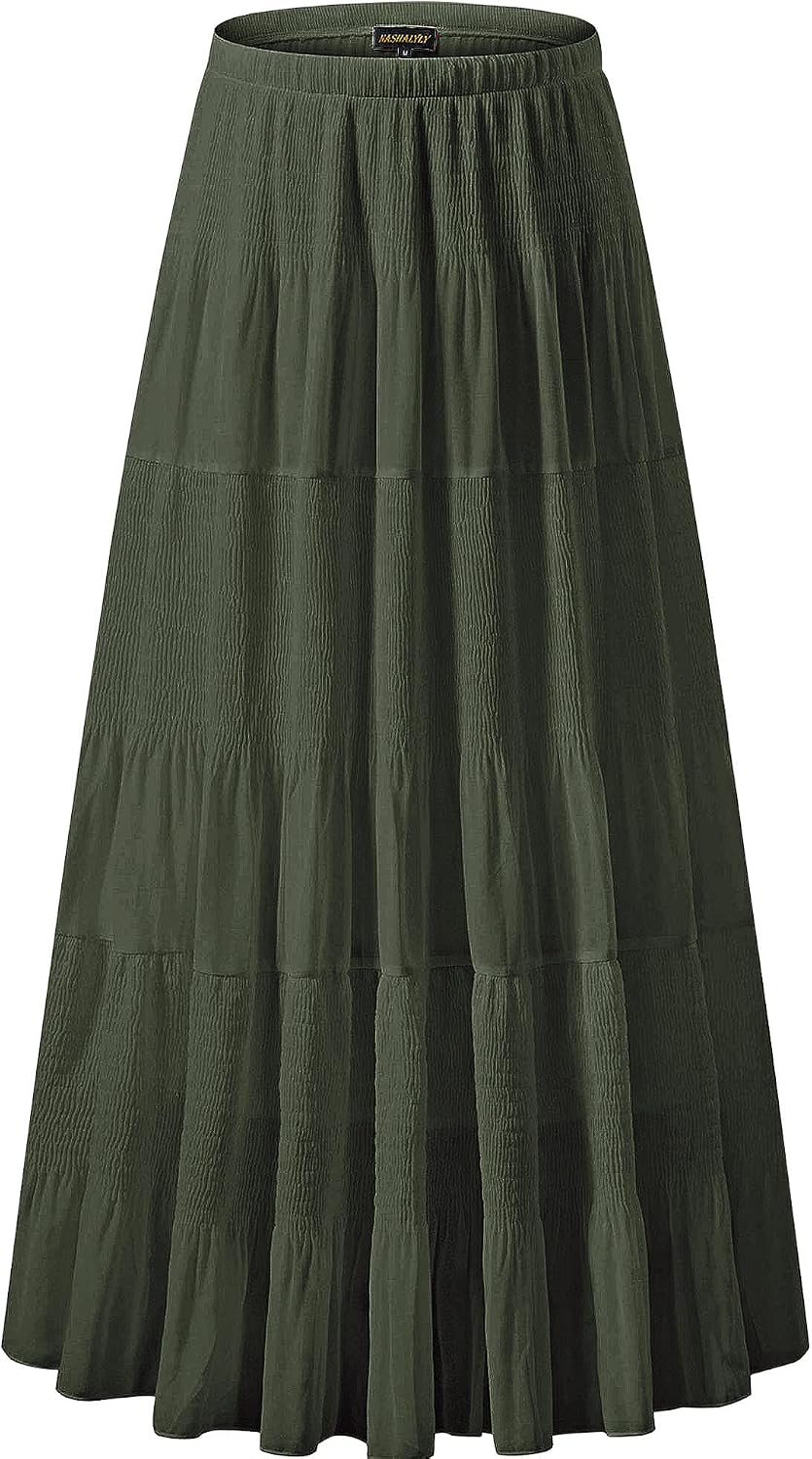 NASHALYLY Women's Chiffon Elastic High Waist Pleated A-Line Maxi Skirts
