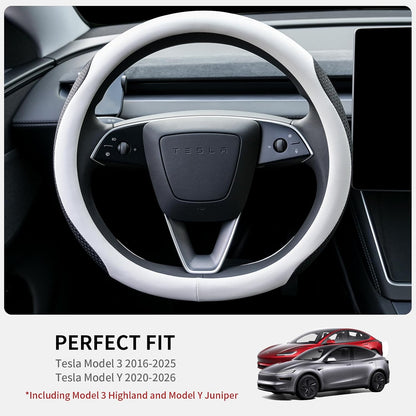 Uxcer Nappa Leather Steering Wheel Cover Compatible with Tesla Model 3/Y 2016-2025 2026 Juniper/Highland, Non-Slip Breathable Tesla Model 3/Y Steering Wheel Protector, White