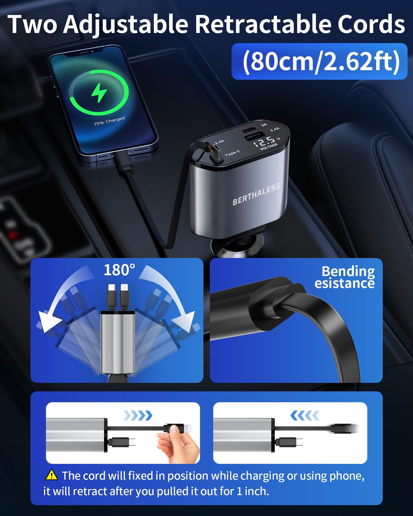 Retractable Car Charger, 4-in-1 Fast Charger with USB-C & USB-A