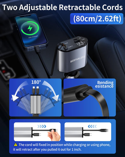 Retractable Car Charger, 4-in-1 Fast Charger with USB-C & USB-A