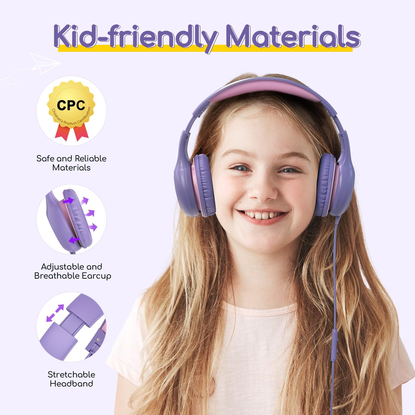 EarFun K1 Kids Headphones Wired with Mic, Volume Limit Headphones for Kids
