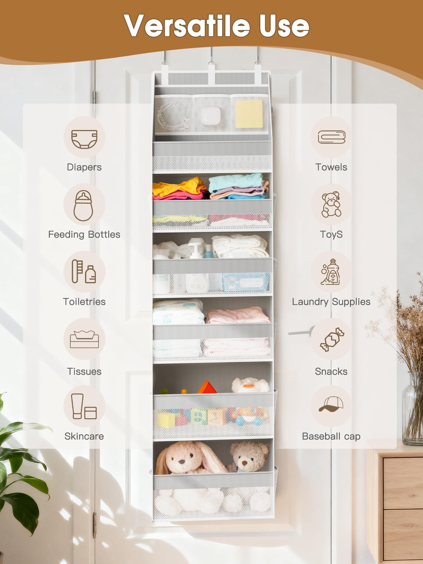 Criusia Over the Door Organizer, Heavy-Duty 6-Shelf Hanging Storage with 13 Mesh Pockets, 55lbs Capacity Behind the Door Storage for Nursery, Bathroom, Bedroom, and Dorm, White