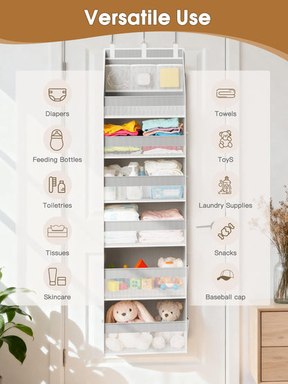 Criusia Over the Door Organizer, Heavy-Duty 6-Shelf Hanging Storage with 13 Mesh Pockets, 55lbs Capacity Behind the Door Storage for Nursery, Bathroom, Bedroom, and Dorm, White