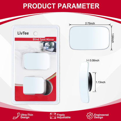 LivTee Blind Spot Mirror, 2" Round HD Glass Frameless Convex Rear View Mirrors Exterior Accessories with Wide Angle Adjustable Stick for Car SUV and Trucks, Pack of 2