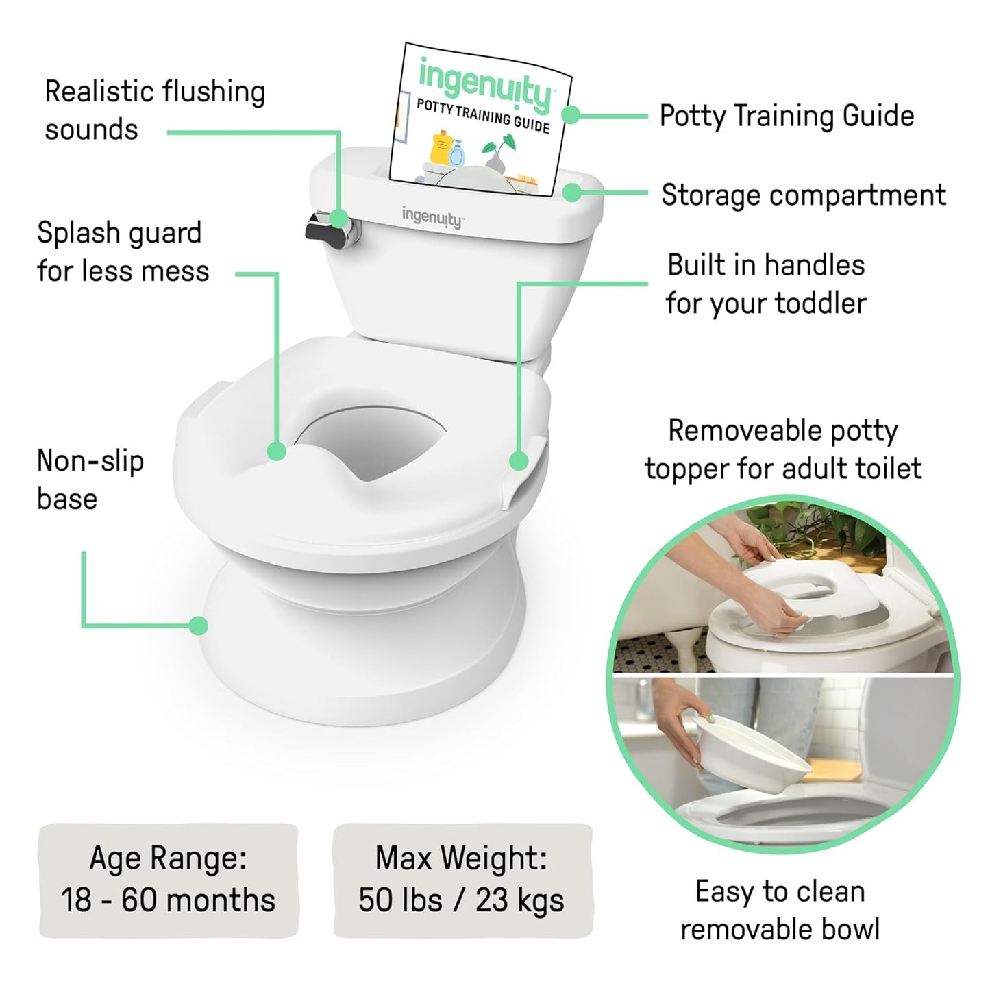 Ingenuity My Size Potty Pro 2-in-1 Potty Training Toilet, Floor Potty with Removable Potty Seat for Standard Toilets, Realistic Flushing Sound, for Toddlers Ages 18+ Months, Up to 50 lb