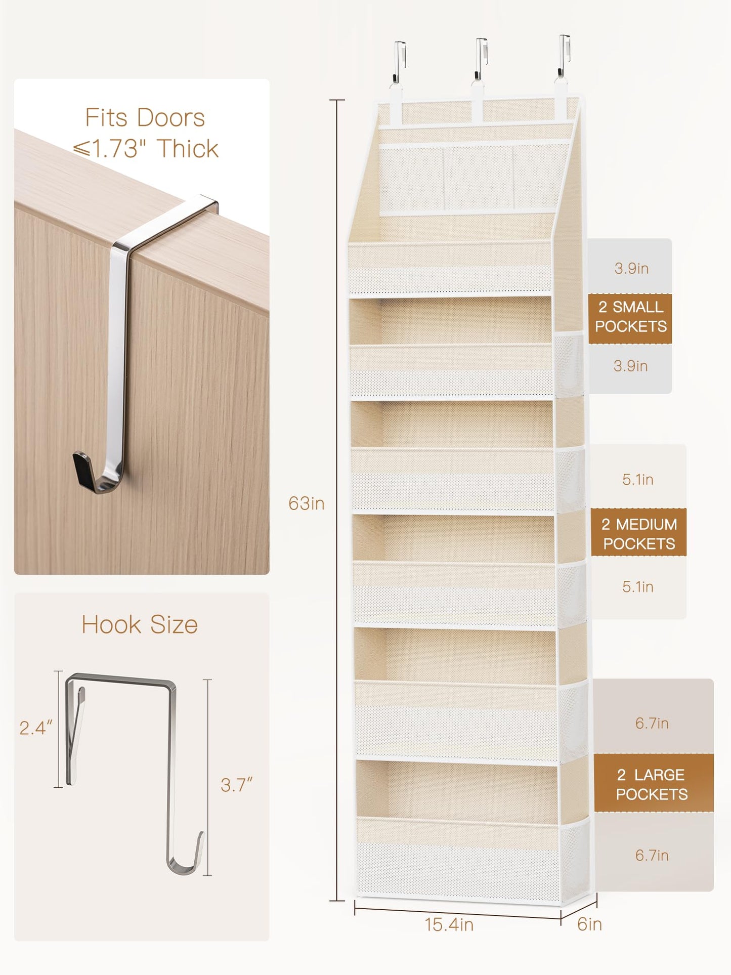 Criusia Over the Door Organizer, Heavy-Duty 6-Shelf Hanging Storage with 13 Mesh Pockets, 55lbs Capacity Behind the Door Storage for Nursery, Bathroom, Bedroom, and Dorm, White