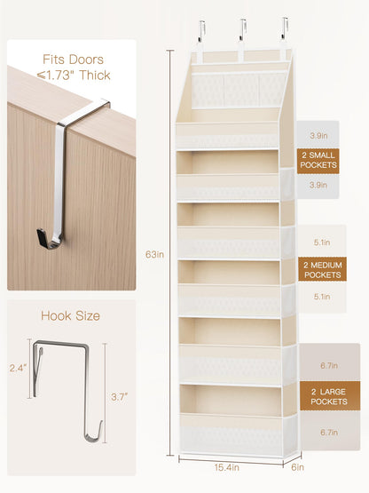 Criusia Over the Door Organizer, Heavy-Duty 6-Shelf Hanging Storage with 13 Mesh Pockets, 55lbs Capacity Behind the Door Storage for Nursery, Bathroom, Bedroom, and Dorm, White