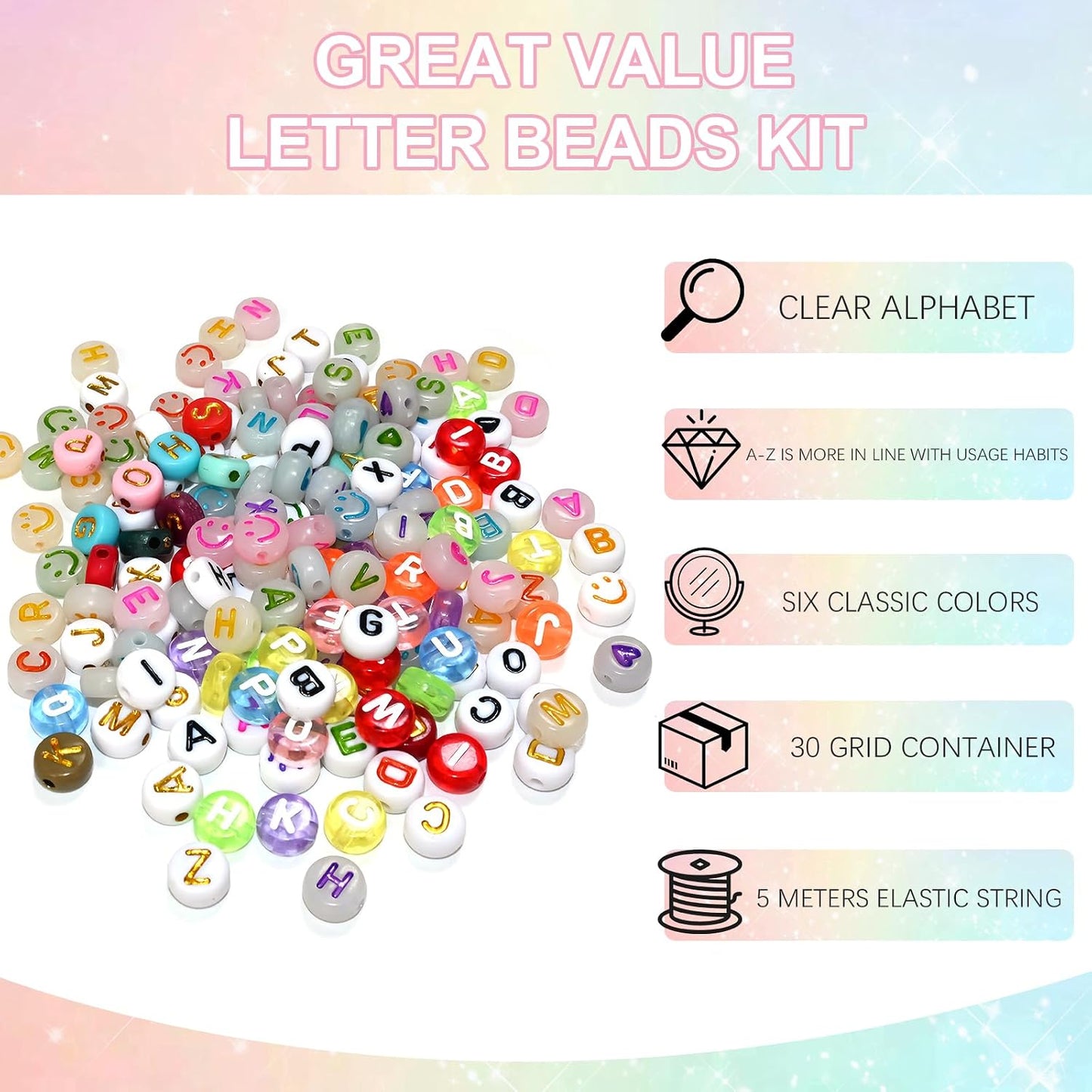 Looconi 810pcs Gold Letter Beads Square 6x6mm White Cube Acrylic Alphabet A-Z with Heart Pattern and Crystal Line for Jewelry Making