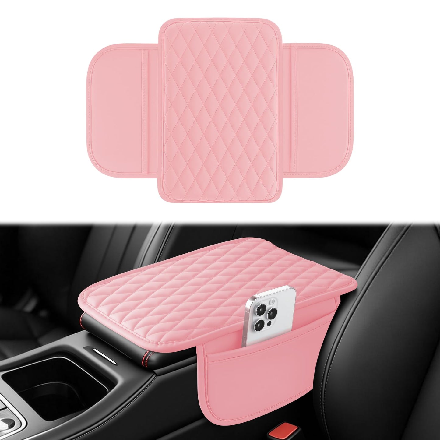 Amiss Car Center Console Cover, Upgraded Leather Car Armrest Cushion with 2 Storage Pockets, Universal Waterproof Cushion Pad, Non-Slip Car Interior Accessories, Fits Most Sedans SUVs Trucks (Black)