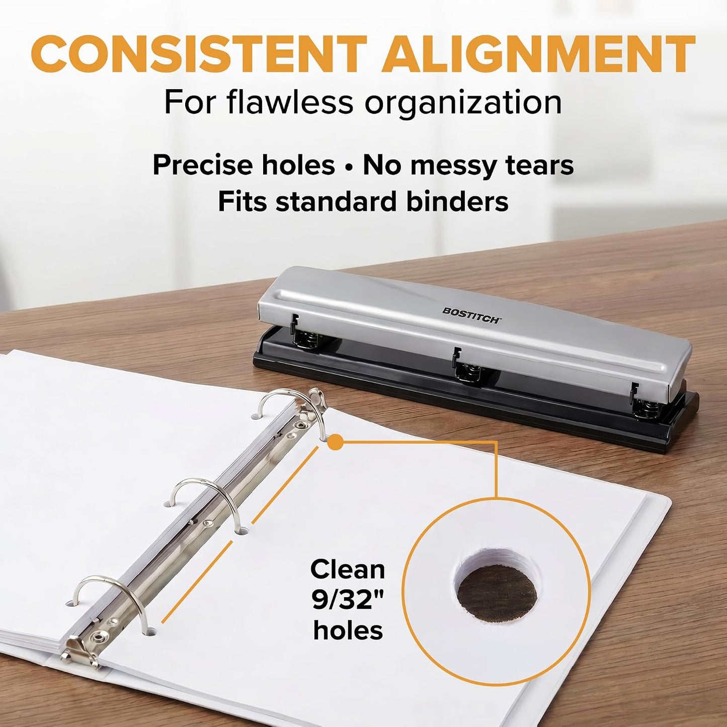 Bostitch Office Premium 3 Hole Punch, 12 Sheet Capacity, Metal, Rubber Base, Easy-Clean Tray, Silver