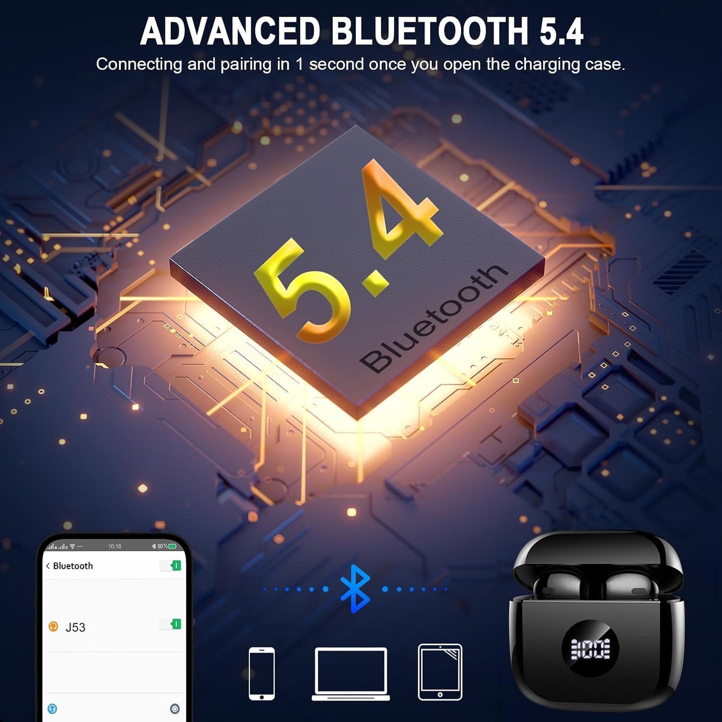 Wireless Earbuds, Bluetooth 5.4 Ear Buds, LED Power Display, 6D Bass Stereo