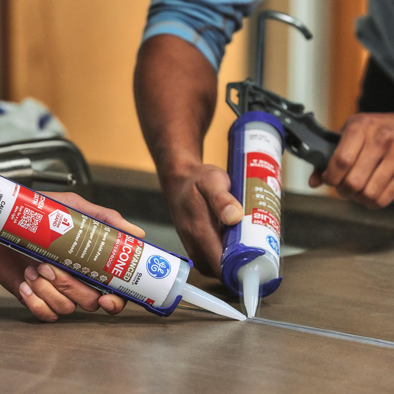 GE Advanced Silicone Caulk for Kitchen & Bathroom, White, 10 fl oz Cartridge, 1 Pack - 100% Waterproof Silicone Sealant, 5X Stronger Adhesion, Shrink & Crack Proof