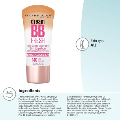MAYBELLINE Dream Fresh Skin Hydrating BB Cream, 8-in-1 Skin Perfecting Beauty Balm With Broad Spectrum Spf 30, Sheer Tint Coverage, Oil-Free, Deep, 1 Fl Oz